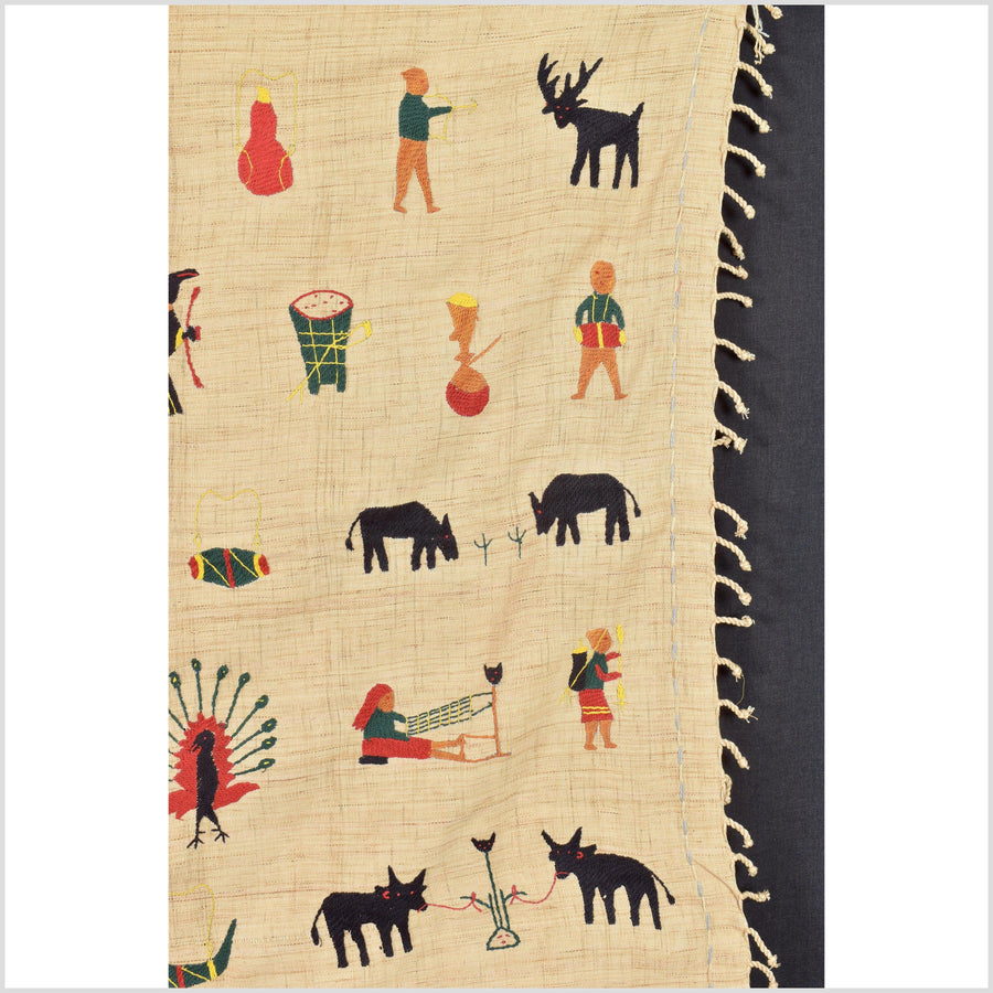 Tan blonde color, cotton story quilt Naga tribal textile ethnic embroidered boho fabric Burma hill tribe tapestry Thailand India Hmong EC25