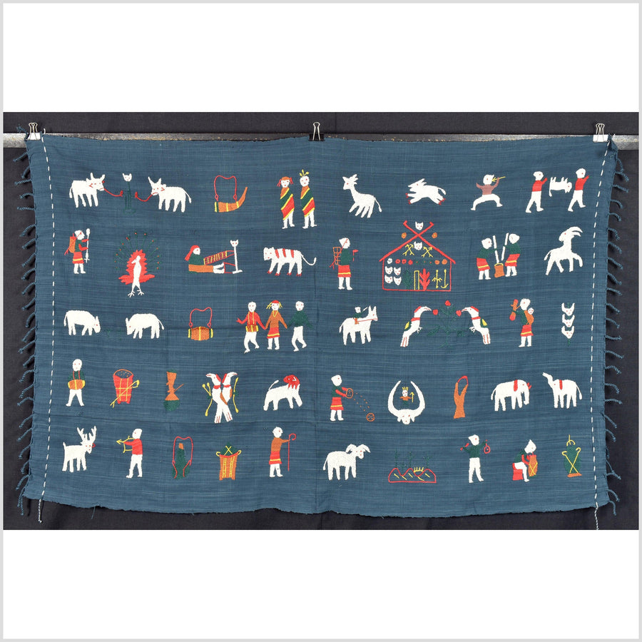 Dark blue color, cotton story quilt Naga tribal textile ethnic embroidered boho fabric Burma hill tribe tapestry Thailand India Hmong EC2