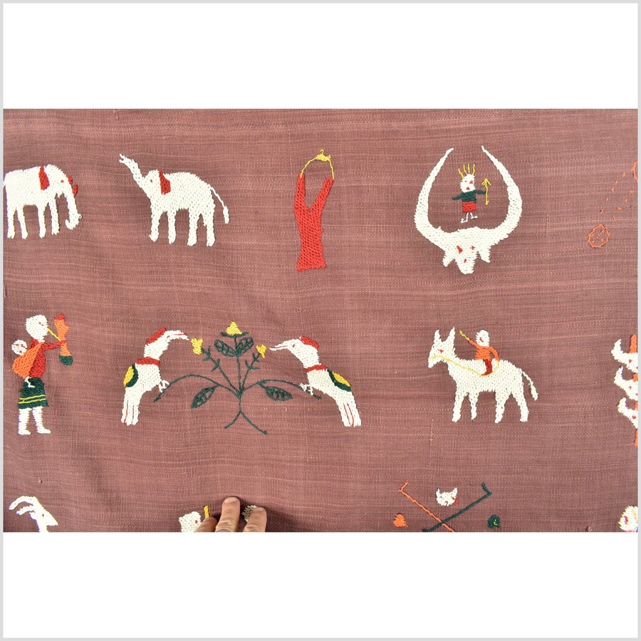 Plum brown cotton story quilt Naga tribal textile ethnic embroidered boho fabric Burma hill tribe tapestry Thailand India Hmong EC6