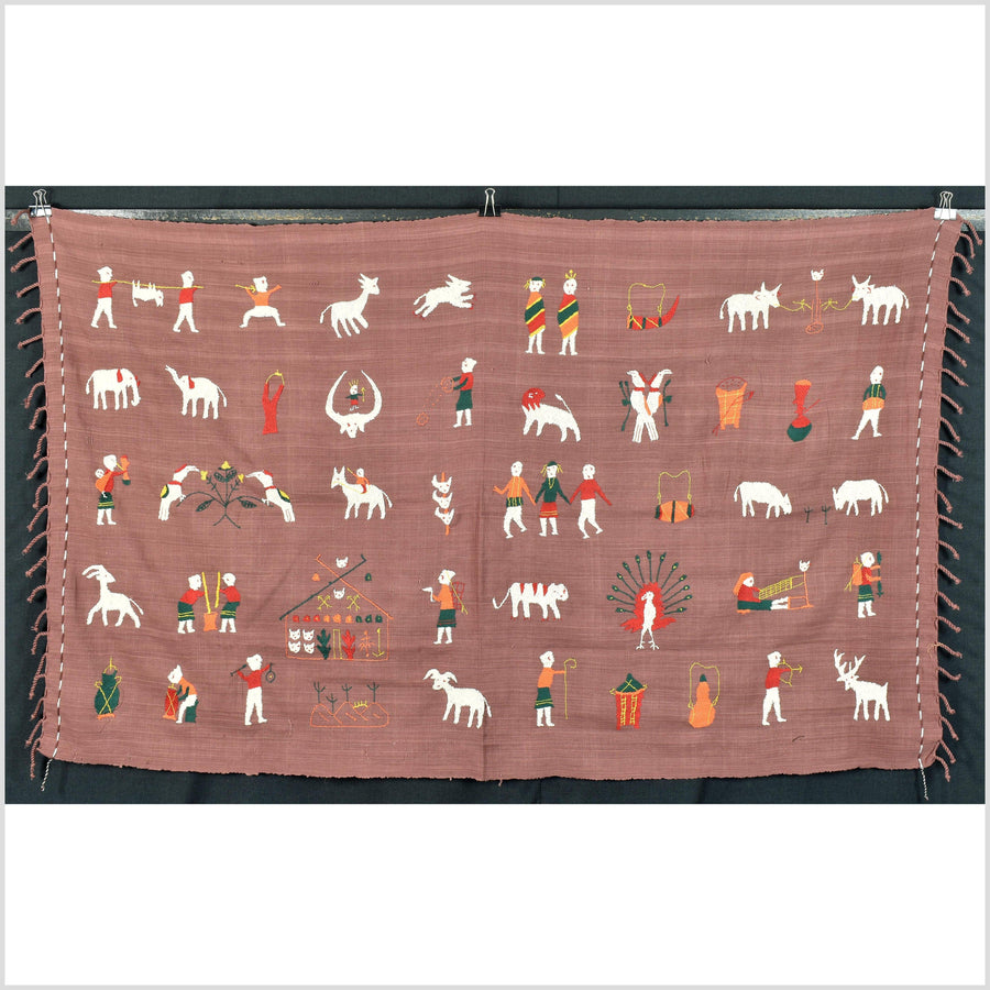 Plum brown cotton story quilt Naga tribal textile ethnic embroidered boho fabric Burma hill tribe tapestry Thailand India Hmong EC6
