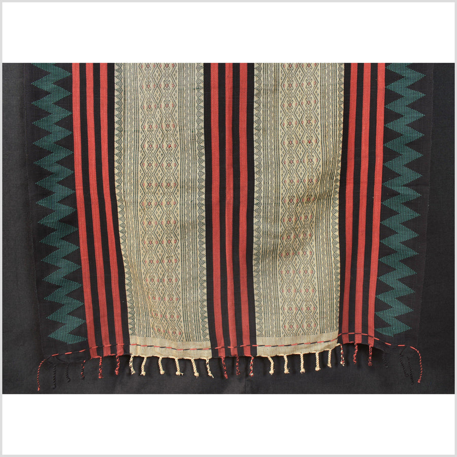 Tribal home decor ethnic Naga blanket, geometric stripe beige black red green handwoven cotton throw boho Thailand Burma India tapestry EC75