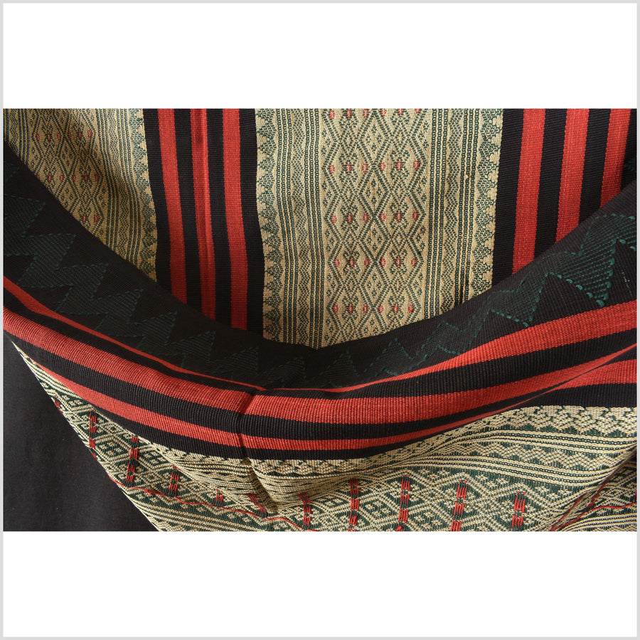 Tribal home decor ethnic Naga blanket, geometric stripe beige black red green handwoven cotton throw boho Thailand Burma India tapestry EC75