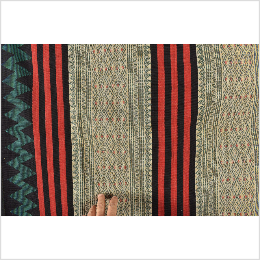 Tribal home decor ethnic Naga blanket, geometric stripe beige black red green handwoven cotton throw boho Thailand Burma India tapestry EC75