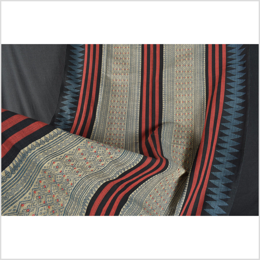 Tribal home decor ethnic Naga blanket, geometric stripe beige black red blue handwoven cotton throw boho Thailand Burma India tapestry EC77