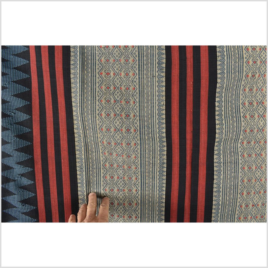 Tribal home decor ethnic Naga blanket, geometric stripe beige black red blue handwoven cotton throw boho Thailand Burma India tapestry EC77