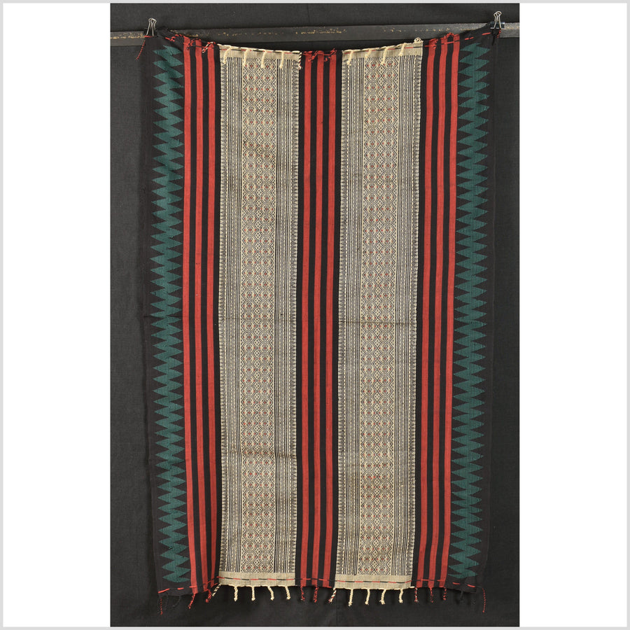 Tribal home decor ethnic Naga blanket, geometric stripe beige black red green handwoven cotton throw boho Thailand Burma India tapestry EC78