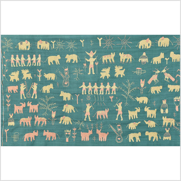 Fantastic soft mint green & tan/yellow Naga tribal textile cotton story quilt, animals, totems, boho hilltribe tapestry Thailand India EC80