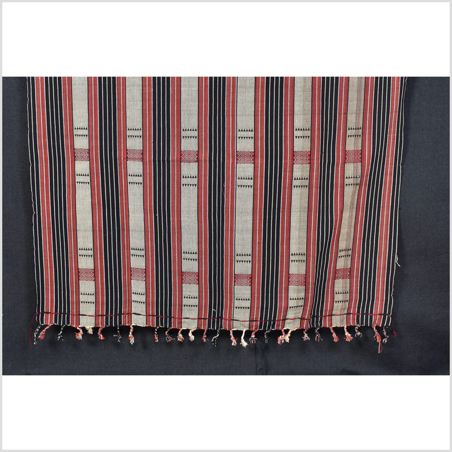 Tribal home decor ethnic Naga blanket, geometric stripe beige black red handwoven cotton throw boho Thailand Burma India tapestry EC97