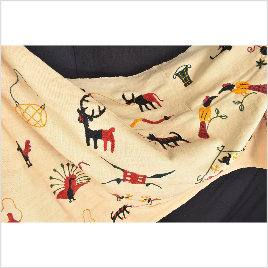 Straw yellow cotton story quilt Naga tribal textile ethnic embroidered boho fabric Burma hill tribe tapestry Thailand India Hmong EW146