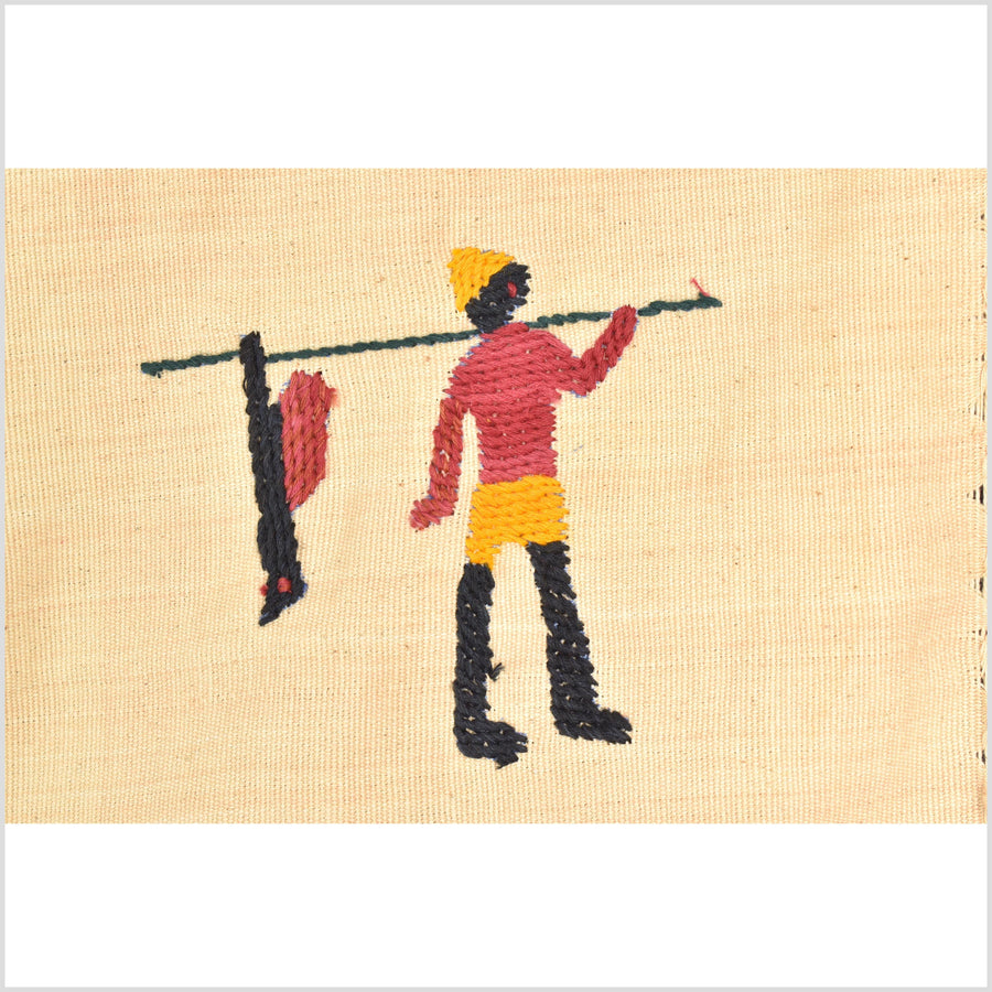 Straw yellow cotton story quilt Naga tribal textile ethnic embroidered boho fabric Burma hill tribe tapestry Thailand India Hmong EW146