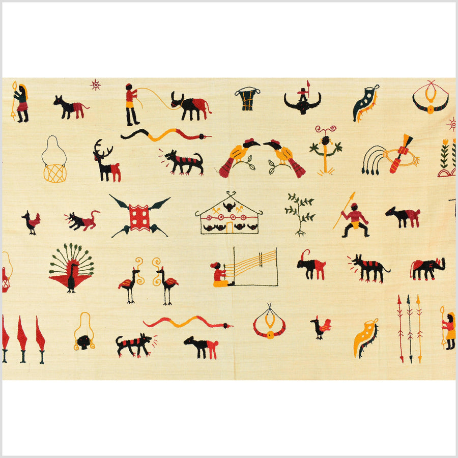 Straw yellow cotton story quilt Naga tribal textile ethnic embroidered boho fabric Burma hill tribe tapestry Thailand India Hmong EW146