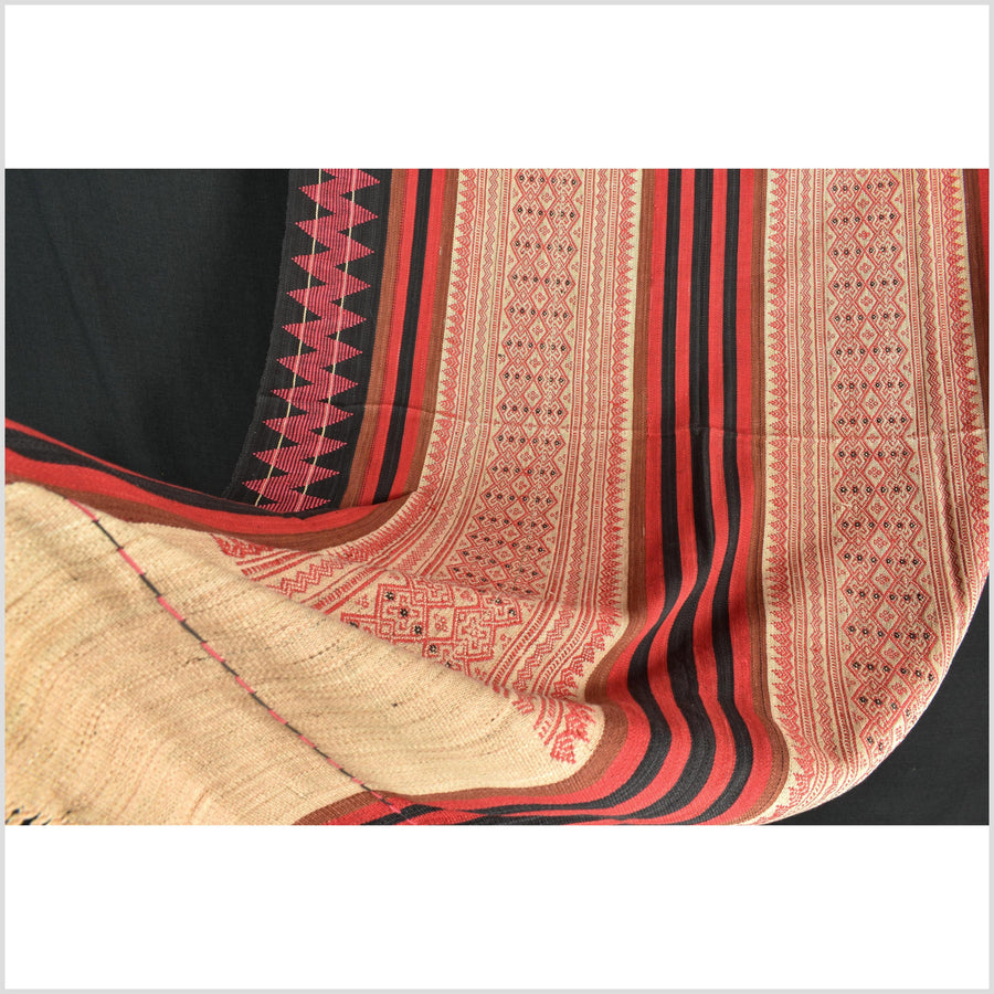 Tribal home decor ethnic Naga blanket unique, beige, red, handwoven cotton throw boho Thailand Burma India tapestry EW178