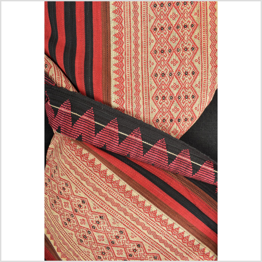 Tribal home decor ethnic Naga blanket unique, beige, red, handwoven cotton throw boho Thailand Burma India tapestry EW178