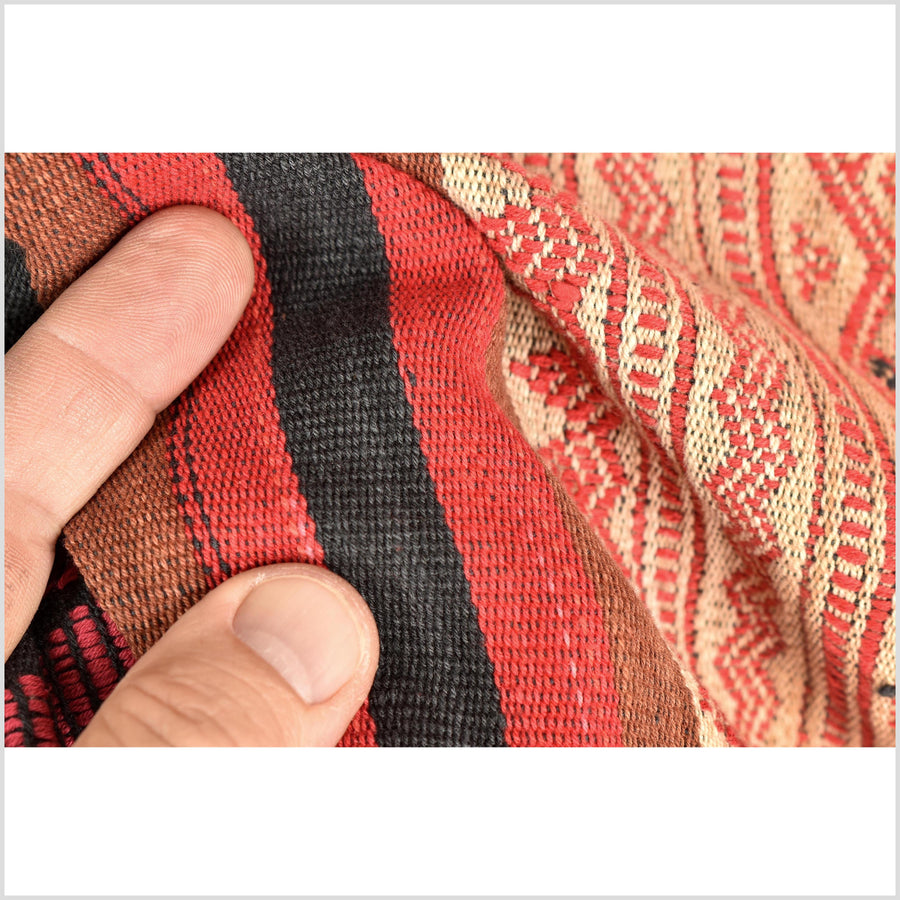 Tribal home decor ethnic Naga blanket unique, beige, red, handwoven cotton throw boho Thailand Burma India tapestry EW178