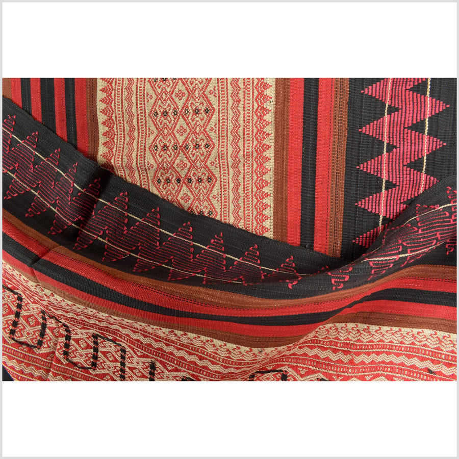 Tribal home decor ethnic Naga blanket unique, beige, red, handwoven cotton throw boho Thailand Burma India tapestry EW178