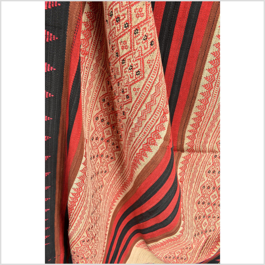 Tribal home decor ethnic Naga blanket unique, beige, red, handwoven cotton throw boho Thailand Burma India tapestry EW178