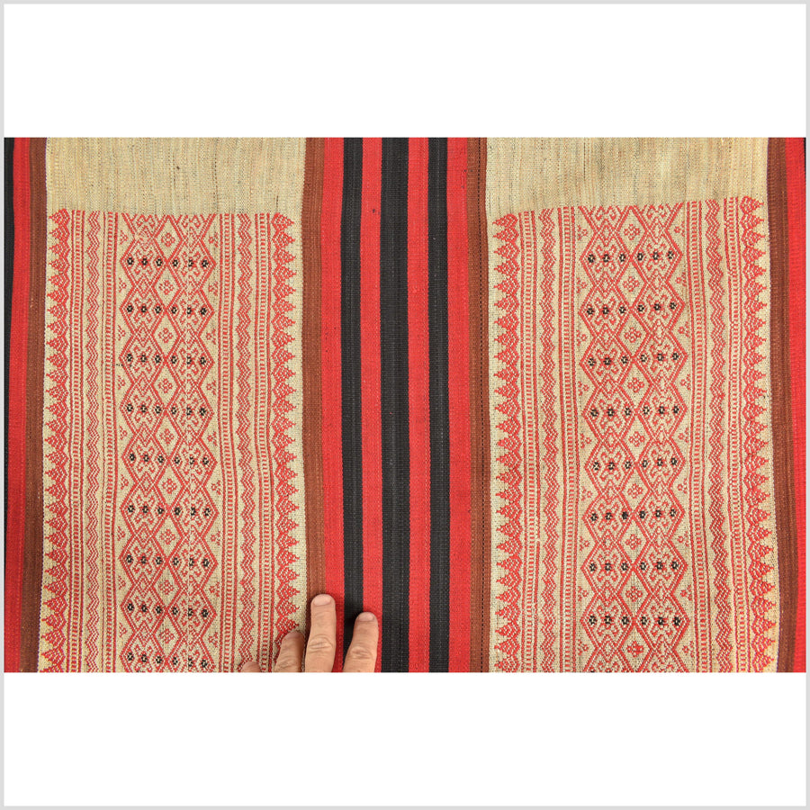 Tribal home decor ethnic Naga blanket unique, beige, red, handwoven cotton throw boho Thailand Burma India tapestry EW178