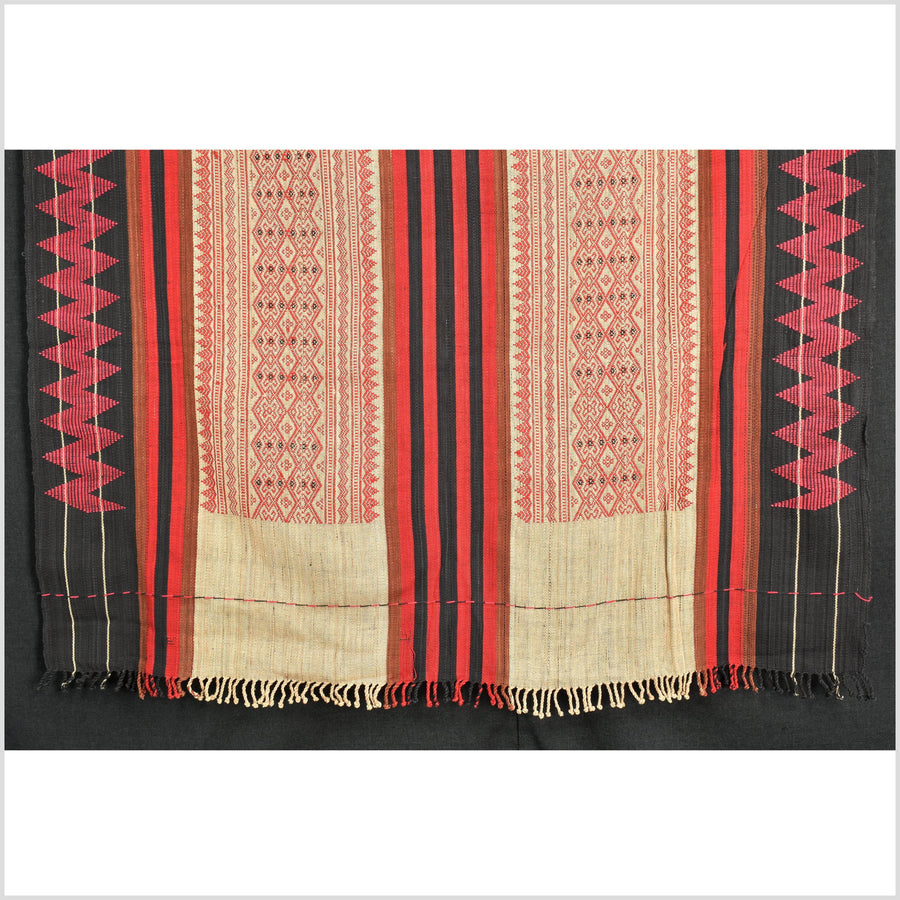 Tribal home decor ethnic Naga blanket unique, beige, red, handwoven cotton throw boho Thailand Burma India tapestry EW178