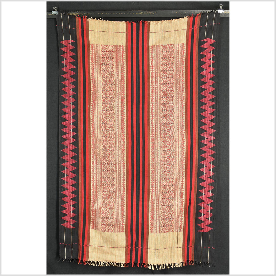 Tribal home decor ethnic Naga blanket unique, beige, red, handwoven cotton throw boho Thailand Burma India tapestry EW178