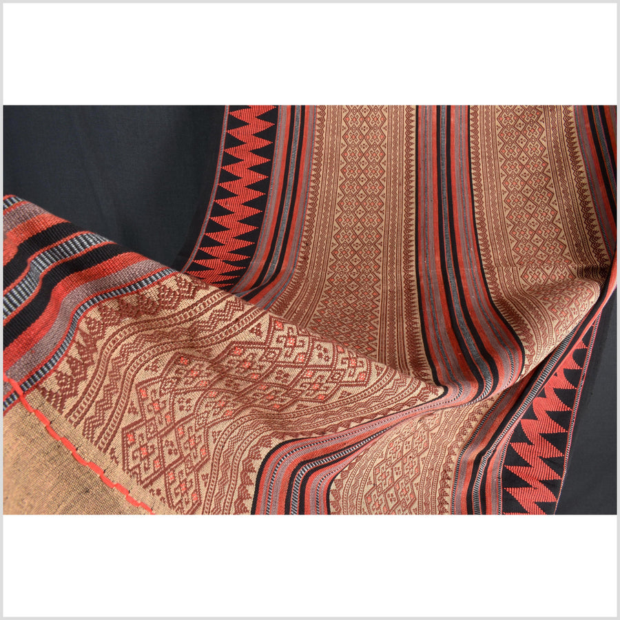 Vintage tribal home decor ethnic Naga blanket, multi-color, beige, red, handwoven cotton throw boho Thailand Burma India tapestry EW179