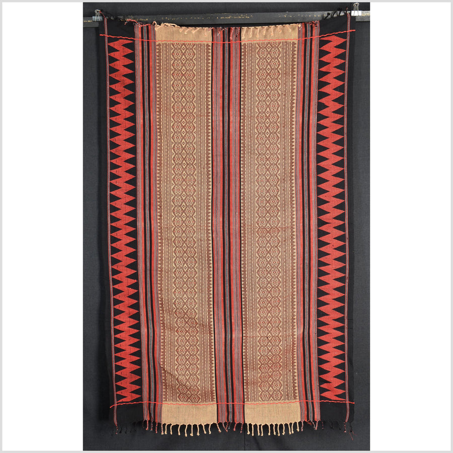 Vintage tribal home decor ethnic Naga blanket, multi-color, beige, red, handwoven cotton throw boho Thailand Burma India tapestry EW179
