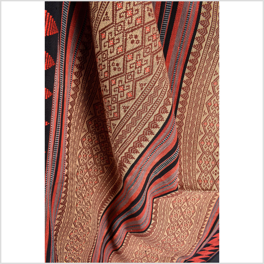 Vintage tribal home decor ethnic Naga blanket, multi-color, beige, red, handwoven cotton throw boho Thailand Burma India tapestry EW179
