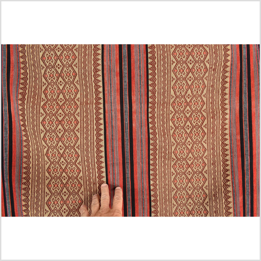 Vintage tribal home decor ethnic Naga blanket, multi-color, beige, red, handwoven cotton throw boho Thailand Burma India tapestry EW179