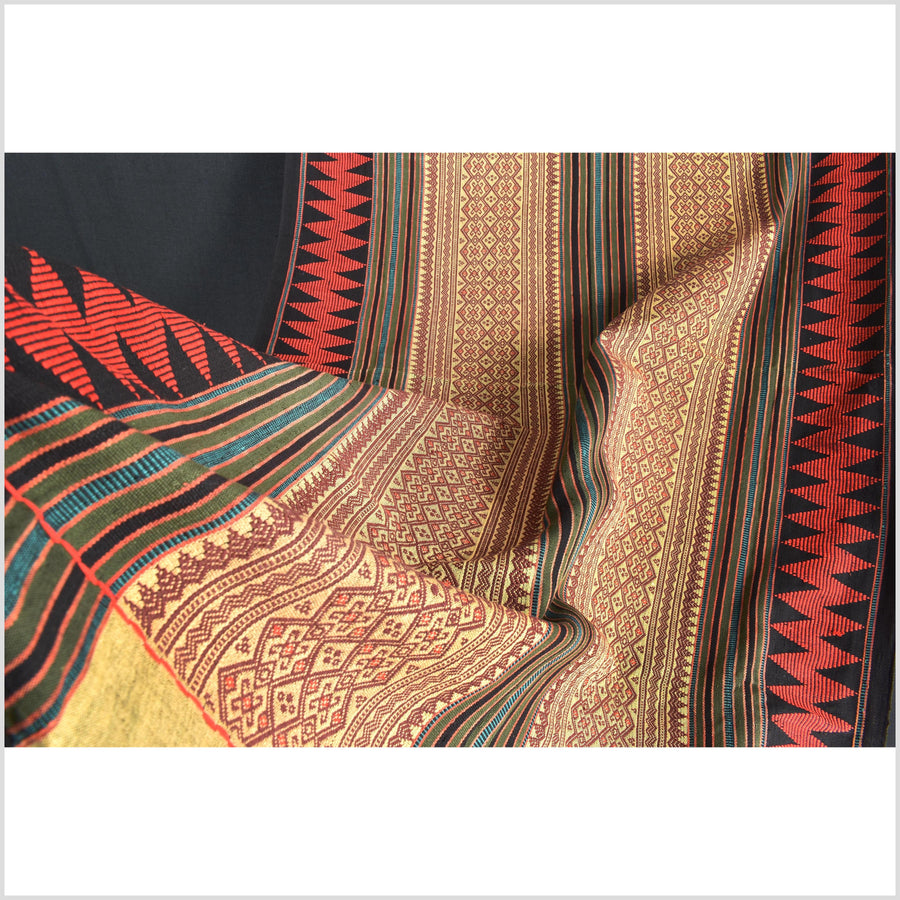 Vintage tribal home decor ethnic Naga blanket, multi-color, tan, brown, handwoven cotton throw boho Thailand Burma India tapestry EW181