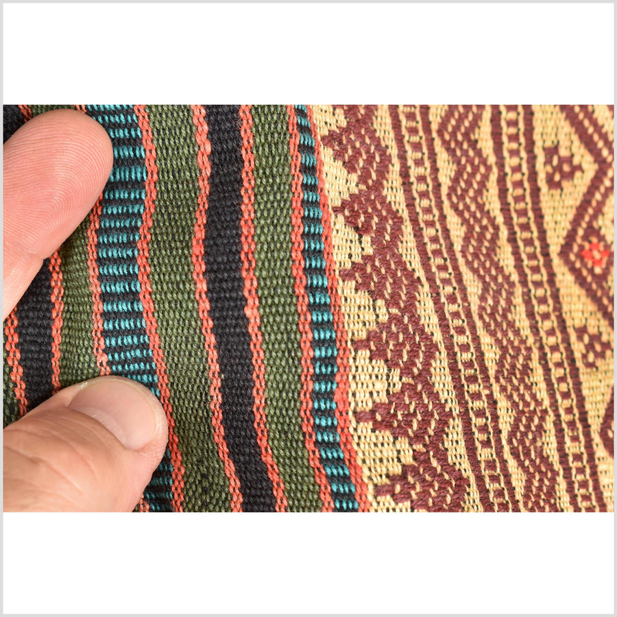 Vintage tribal home decor ethnic Naga blanket, multi-color, tan, brown, handwoven cotton throw boho Thailand Burma India tapestry EW181