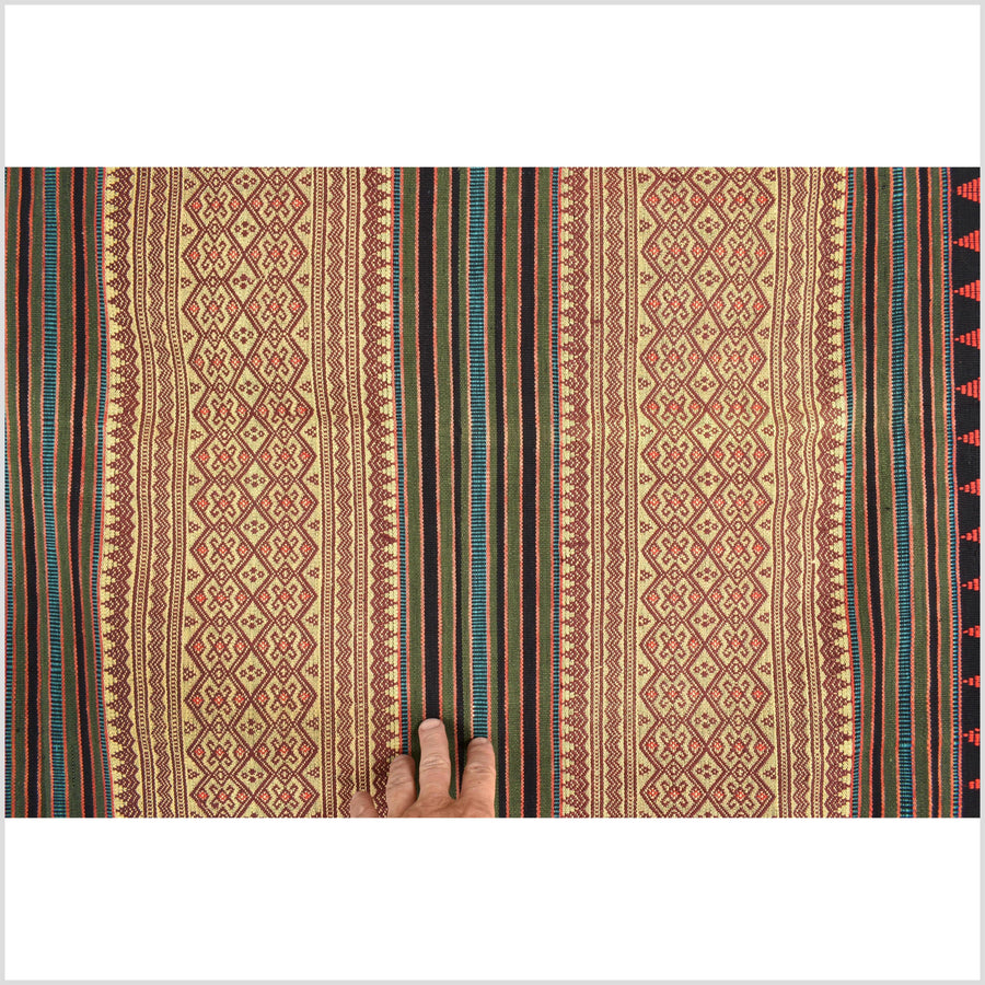 Vintage tribal home decor ethnic Naga blanket, multi-color, tan, brown, handwoven cotton throw boho Thailand Burma India tapestry EW181