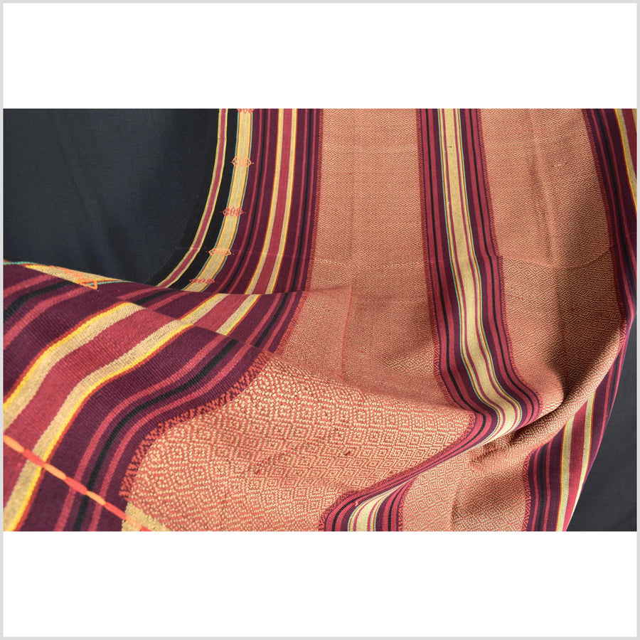Vintage tribal home decor ethnic Naga blanket, multi-color, tan, brick red, handwoven cotton throw boho Thailand Burma India tapestry EW183