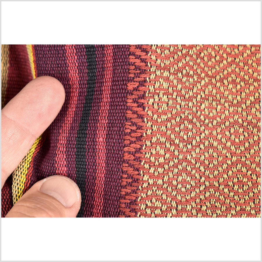 Vintage tribal home decor ethnic Naga blanket, multi-color, tan, brick red, handwoven cotton throw boho Thailand Burma India tapestry EW183