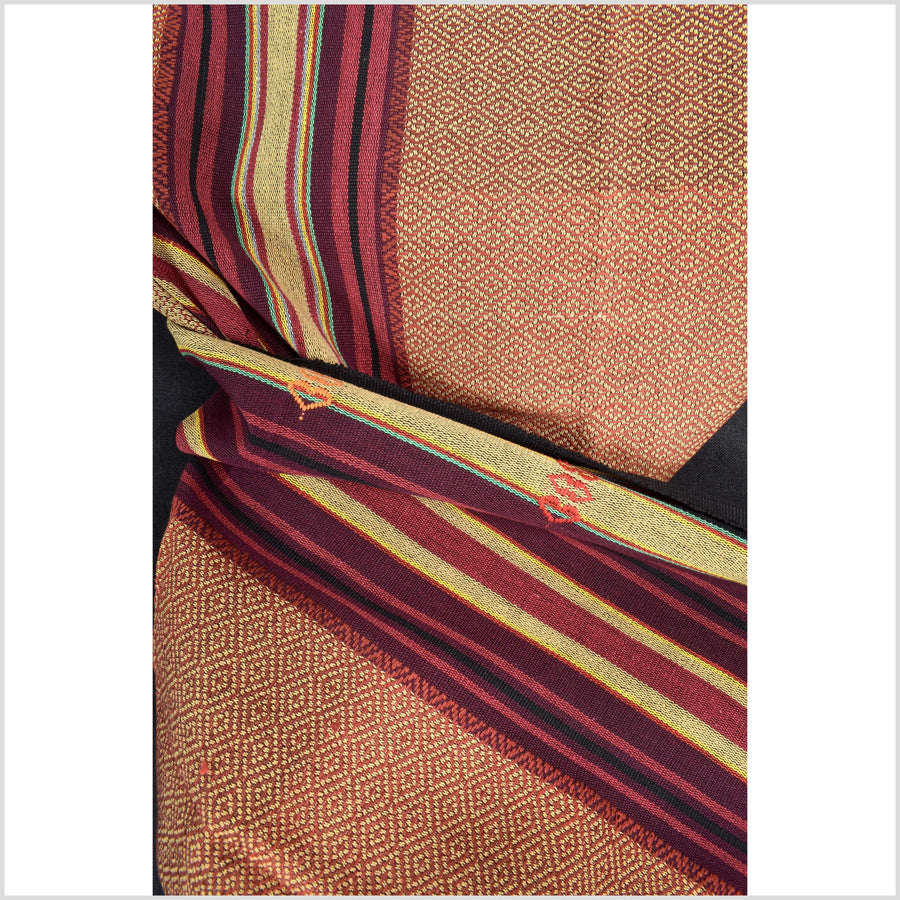 Vintage tribal home decor ethnic Naga blanket, multi-color, tan, brick red, handwoven cotton throw boho Thailand Burma India tapestry EW183
