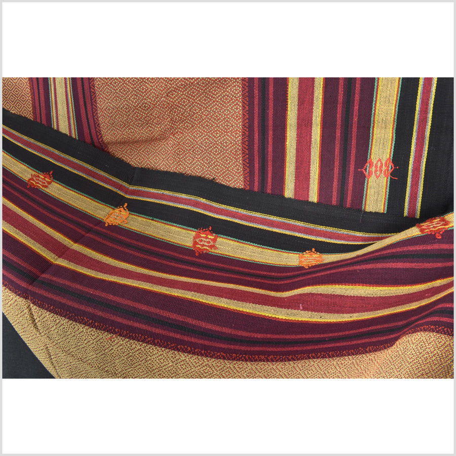 Vintage tribal home decor ethnic Naga blanket, multi-color, tan, brick red, handwoven cotton throw boho Thailand Burma India tapestry EW183