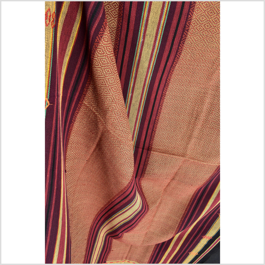 Vintage tribal home decor ethnic Naga blanket, multi-color, tan, brick red, handwoven cotton throw boho Thailand Burma India tapestry EW183