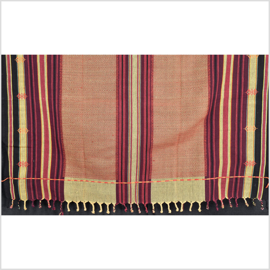 Vintage tribal home decor ethnic Naga blanket, multi-color, tan, brick red, handwoven cotton throw boho Thailand Burma India tapestry EW183
