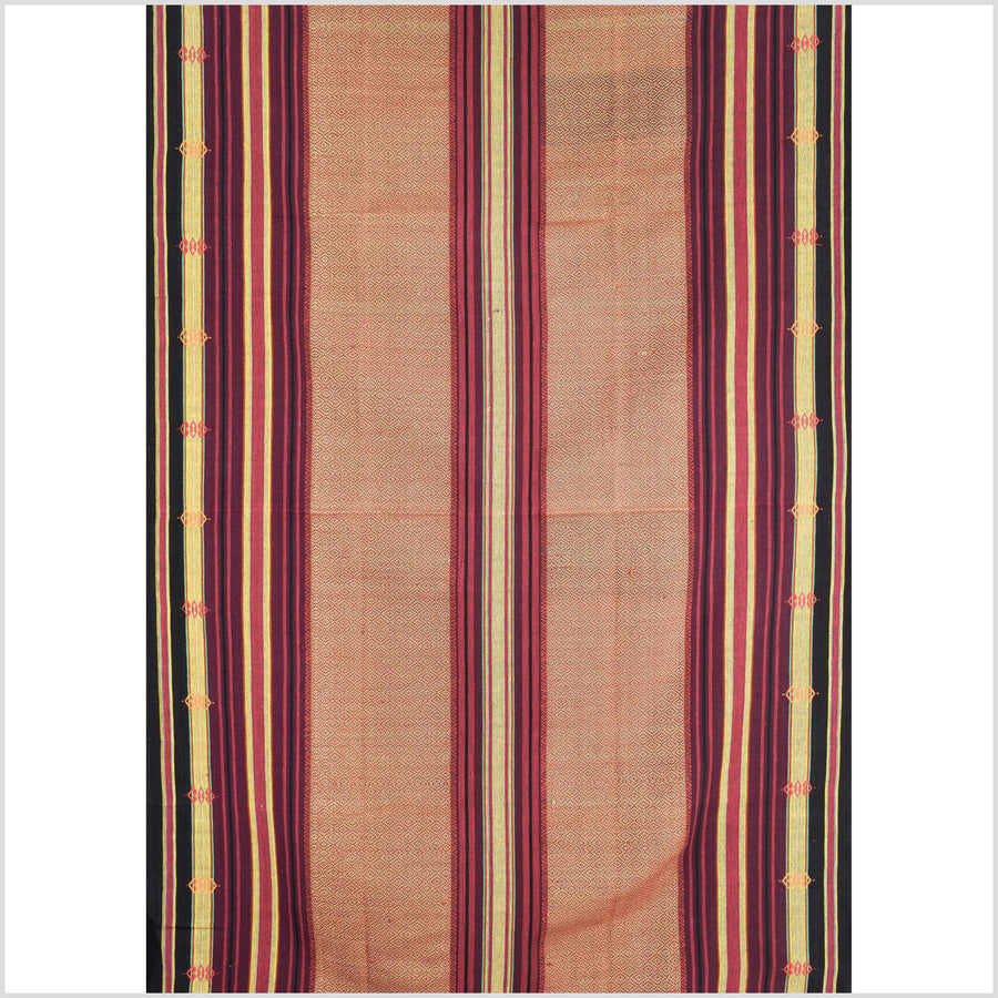 Vintage tribal home decor ethnic Naga blanket, multi-color, tan, brick red, handwoven cotton throw boho Thailand Burma India tapestry EW183