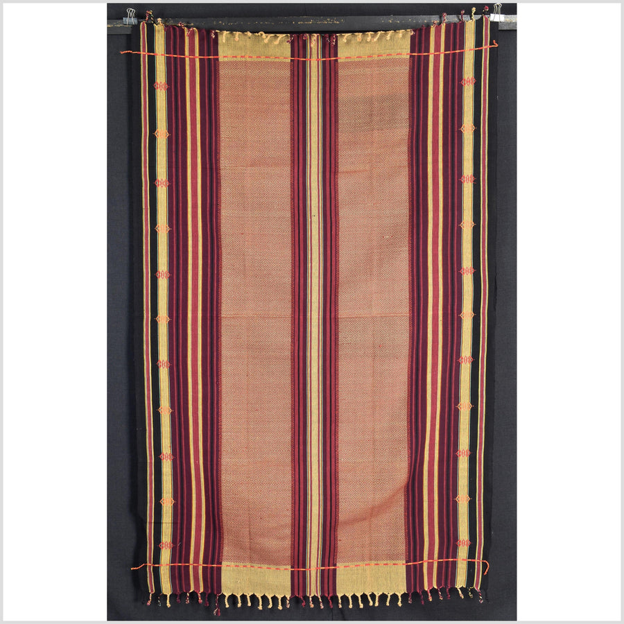 Vintage tribal home decor ethnic Naga blanket, multi-color, tan, brick red, handwoven cotton throw boho Thailand Burma India tapestry EW183