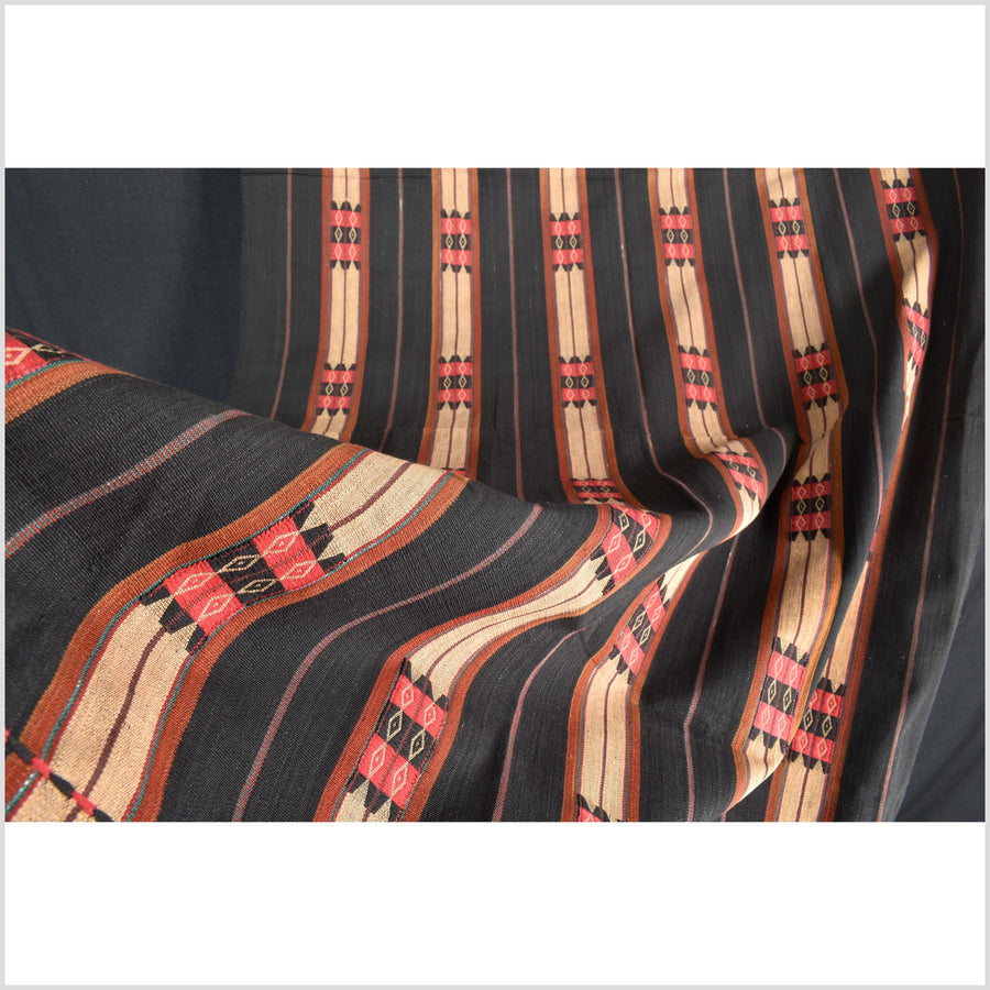 Vintage tribal home decor ethnic Naga blanket, tan, dark indigo, handwoven cotton throw boho Thailand Burma India tapestry EW187