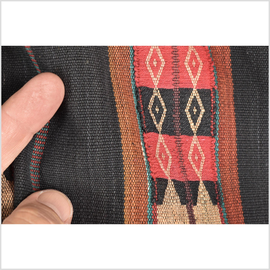Vintage tribal home decor ethnic Naga blanket, tan, dark indigo, handwoven cotton throw boho Thailand Burma India tapestry EW187