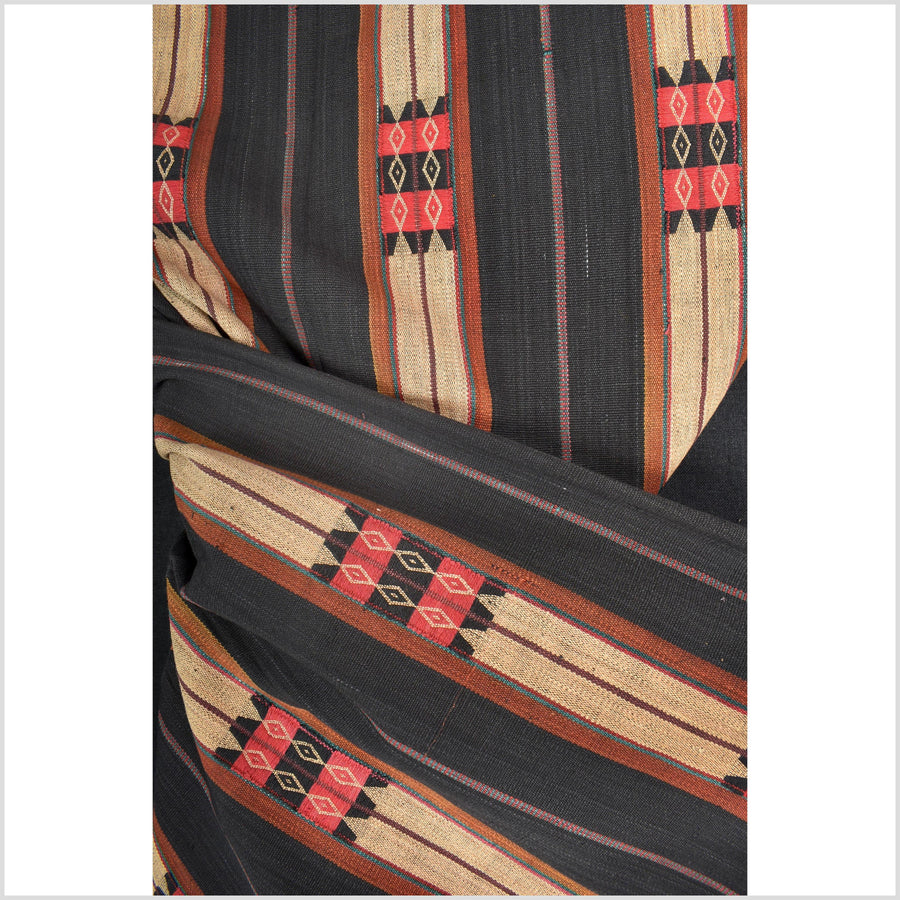 Vintage tribal home decor ethnic Naga blanket, tan, dark indigo, handwoven cotton throw boho Thailand Burma India tapestry EW187