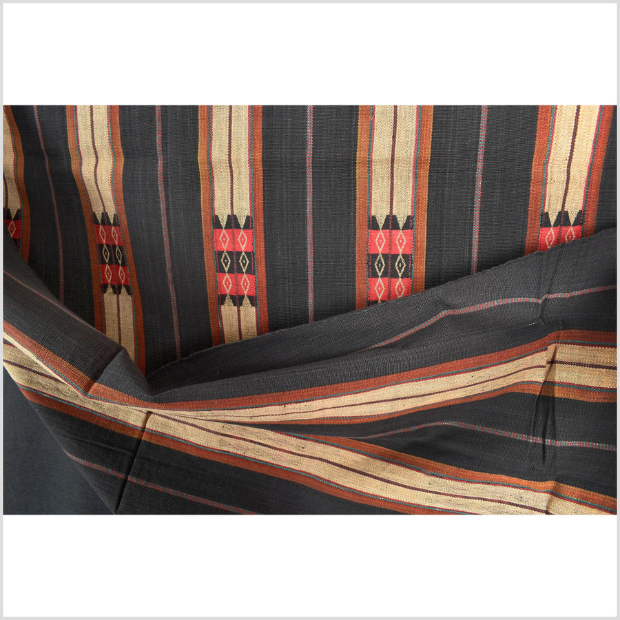Vintage tribal home decor ethnic Naga blanket, tan, dark indigo, handwoven cotton throw boho Thailand Burma India tapestry EW187