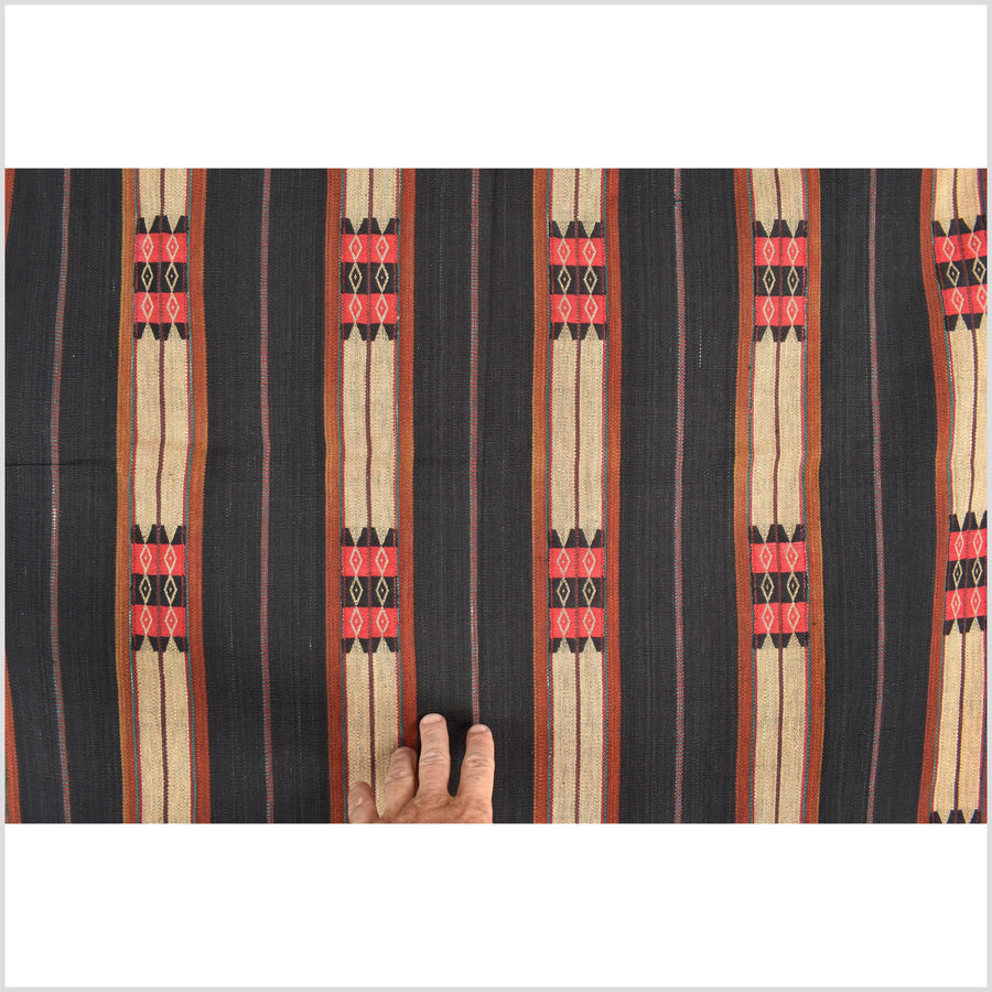 Vintage tribal home decor ethnic Naga blanket, tan, dark indigo, handwoven cotton throw boho Thailand Burma India tapestry EW187