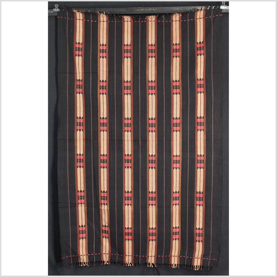 Vintage tribal home decor ethnic Naga blanket, tan, dark indigo, handwoven cotton throw boho Thailand Burma India tapestry EW187
