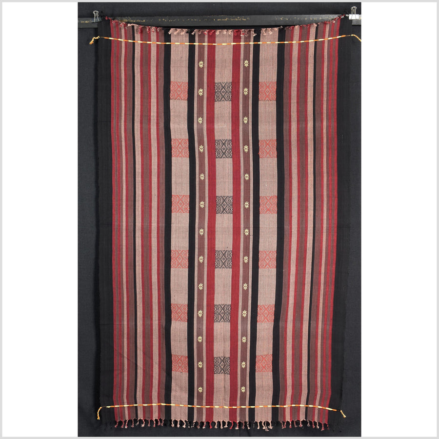 Vintage tribal home decor ethnic Naga blanket, mocha, black, handwoven cotton throw boho Thailand Burma India tapestry EW189