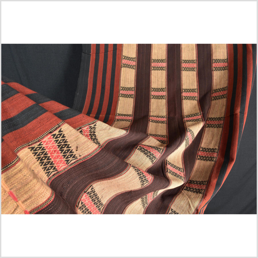 Vintage tribal home decor ethnic Naga blanket, chocolate, tan, handwoven cotton throw boho Thailand Burma India tapestry EW190