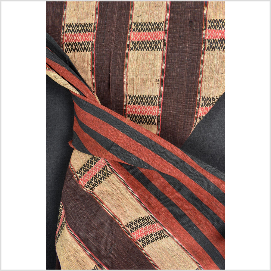Vintage tribal home decor ethnic Naga blanket, chocolate, tan, handwoven cotton throw boho Thailand Burma India tapestry EW190
