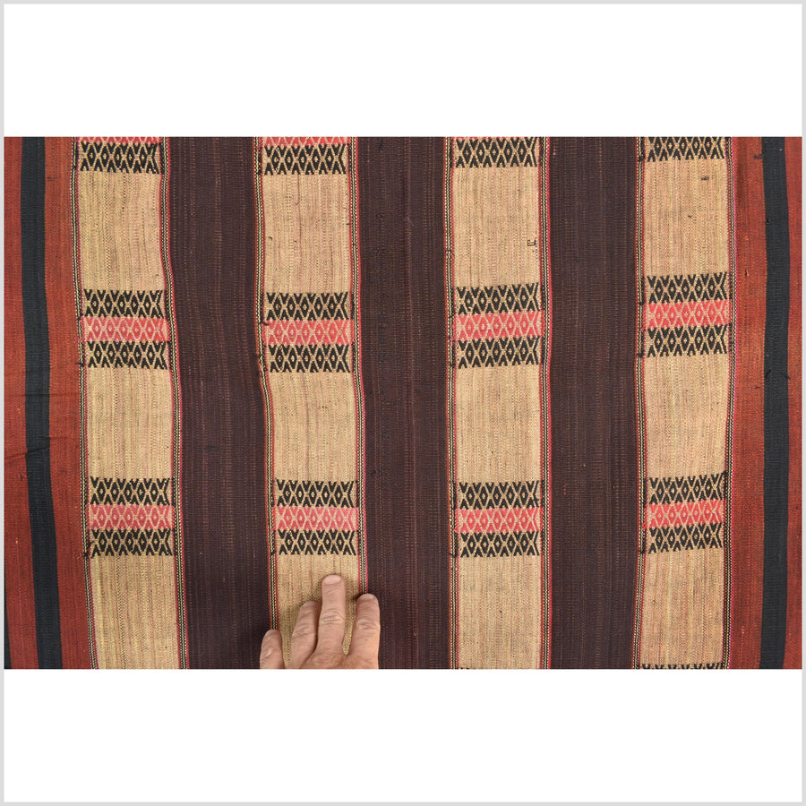 Vintage tribal home decor ethnic Naga blanket, chocolate, tan, handwoven cotton throw boho Thailand Burma India tapestry EW190