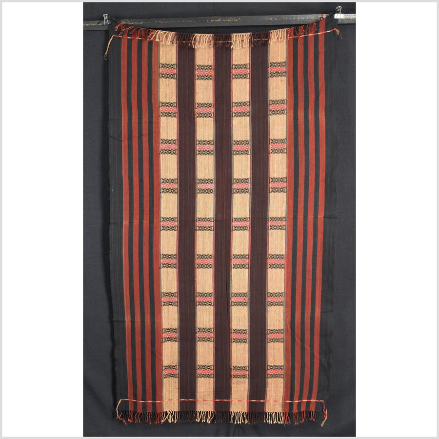Vintage tribal home decor ethnic Naga blanket, chocolate, tan, handwoven cotton throw boho Thailand Burma India tapestry EW190