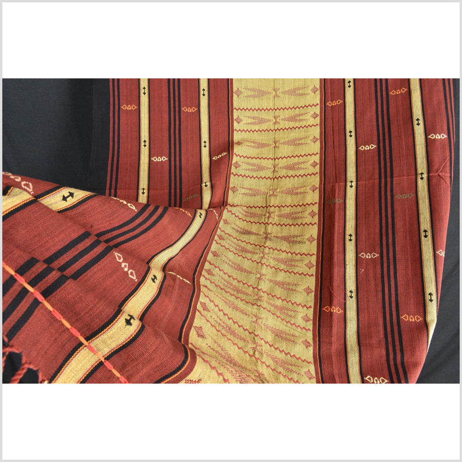 Vintage tribal home decor ethnic Naga blanket, gold, brick red, handwoven cotton throw boho Thailand Burma India tapestry EW192